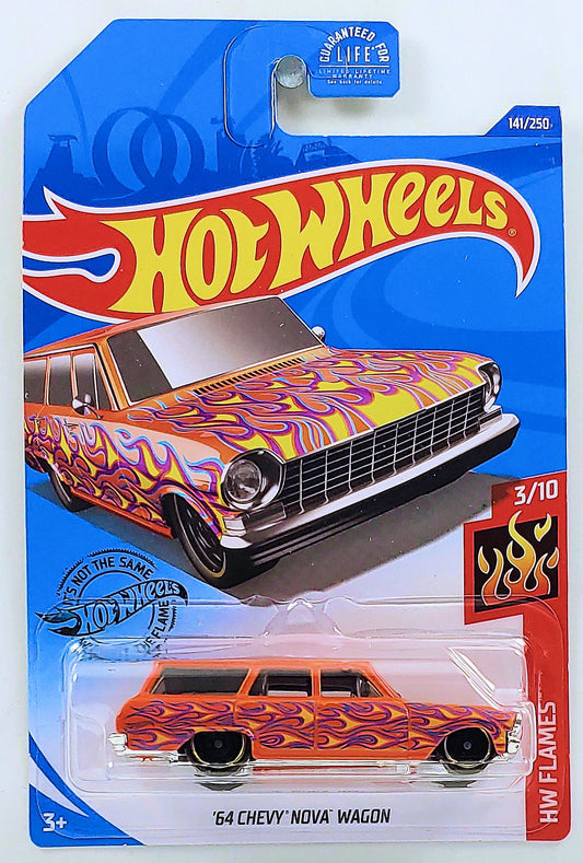 Hot Wheels 2020 - Collector # 141/250 - HW Flames 3/10 - '64 Chevy Nova Wagon - Metallic Dark Orange - USA Card