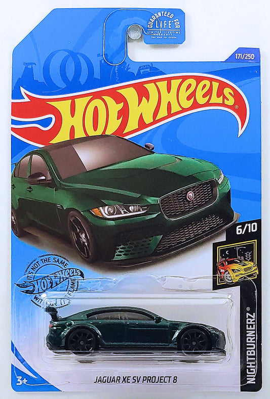 Hot Wheels 2020 - Collector # 171/250 - Nightburnerz 6/10 - Jaguar XE SV Project 8 - Metalflake Dark Green - USA Card