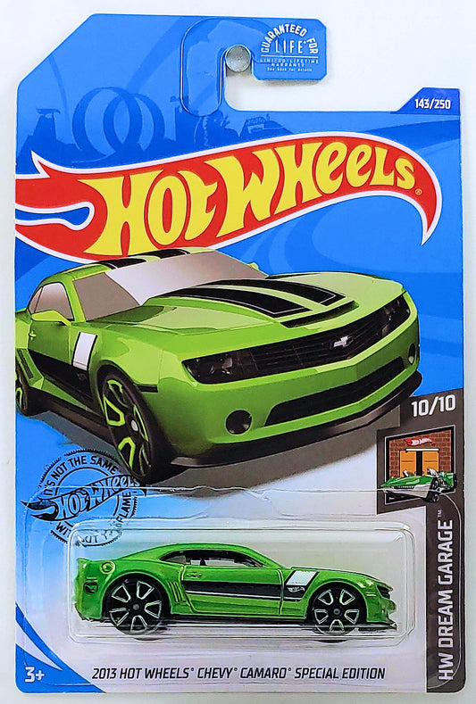 Hot Wheels 2020 - Collector # 143/250 - HW Dream Garage 10/10 - Treasure Hunts - 2013 Hot Wheels Chevy Camaro Special Edition - Metallic Lime Green / Circle Flame Logo on Rear Fender - USA Card