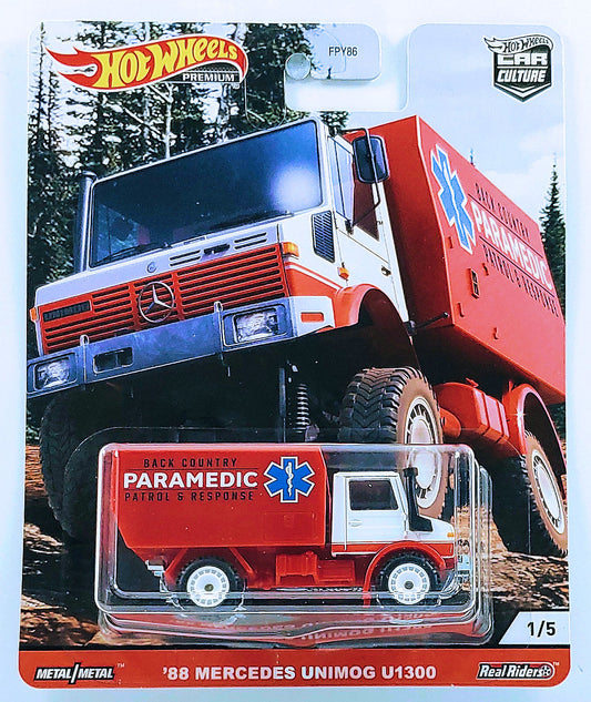 Hot Wheels 2020 - Premium / Car Culture / Wild Terrain # 1/5 - '88 Mercedes Unimog U1300 - Red & White / Paramedic - Metal/Metal & Real Riders