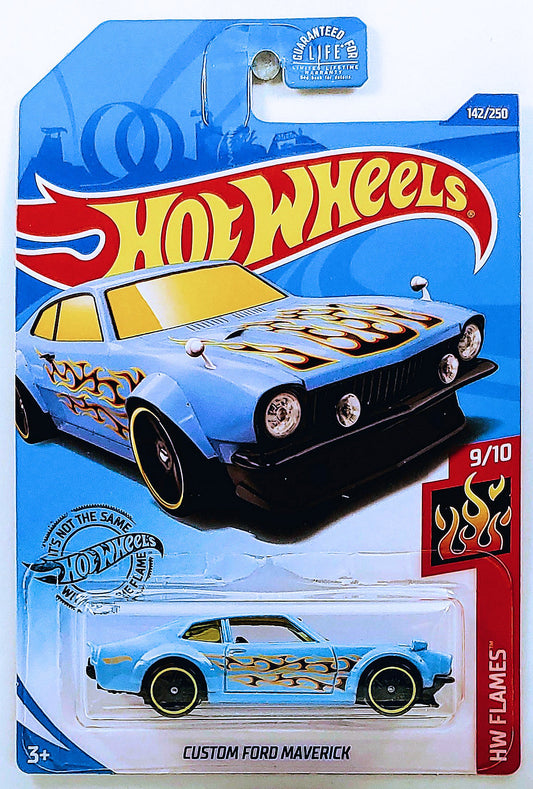 Hot Wheels 2020 - Collector # 142/250 - HW Flames 9/10 - Custom Ford Maverick - Matte Sky Blue - Kroger Exclusive - USA Card