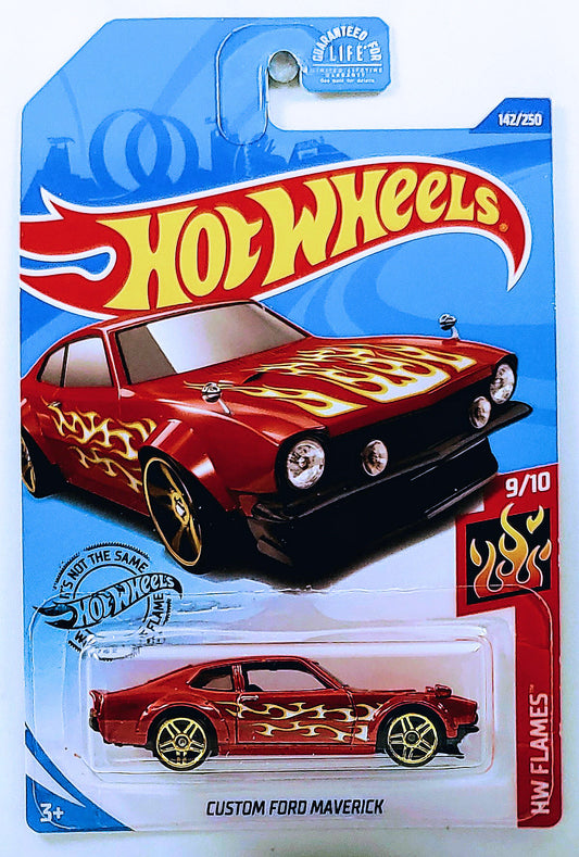 Hot Wheels 2020 - Collector # 142/250 - HW Flames 9/10 - Custom Ford Maverick - Metallic Red Orange - USA Card