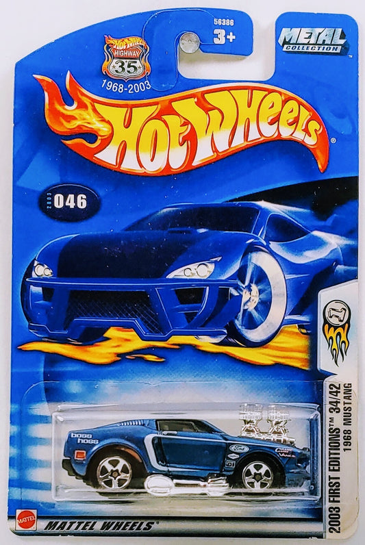 Hot Wheels 2003 - Collector # 046/220 - First Editions 34/42 - 1968 Mustang - Dark Blue - 'Boss Hoss' on Side & Base - USA '1968-2003 Anniversary' Card