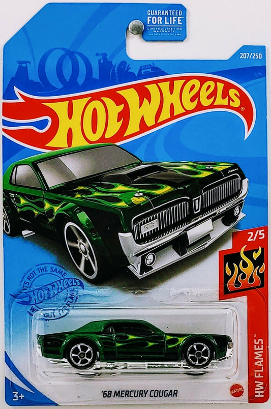 Hot Wheels 2021 - Collector # 207/250 - HW Flames 2/5 - '68 Mercury Cougar - Green Metalflake - USA Card