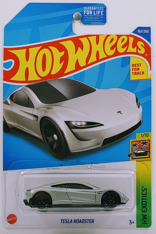 Hot Wheels 2022 - Collector # 162/250 - HW Exotics 1/10 - Tesla Roadster - Silver - USA Card