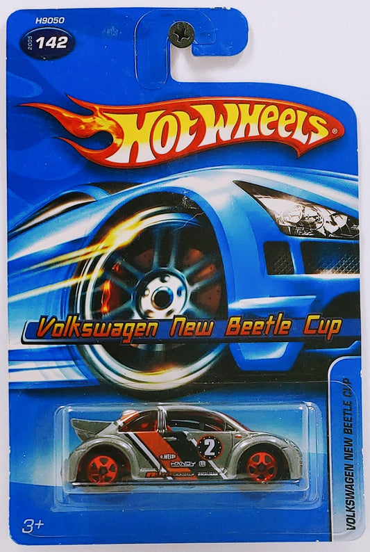 Hot Wheels 2005 - Collector # 142/187 - Volkswagen New Beetle Cup - Gray Metallic - Red Chrome 5 Spoke Wheels - USA 2006 Style Card