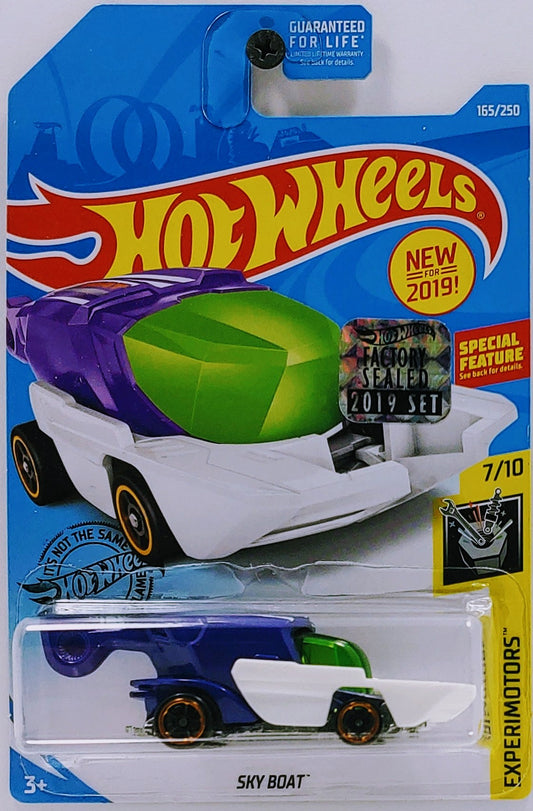 Hot Wheels 2019 - Collector # 165/250 - Experimotors 7/10 - New Models - Sky Boat - Purple & White - USA Card with Factory Set Sticker