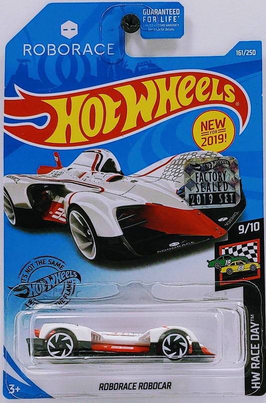 Hot Wheels 2019 - Collector # 161/250 - HW Race Day 9/10 - New Models - Roborace Robocar - White - USA 'ROBORACE' Card with a Factory Set Sticker