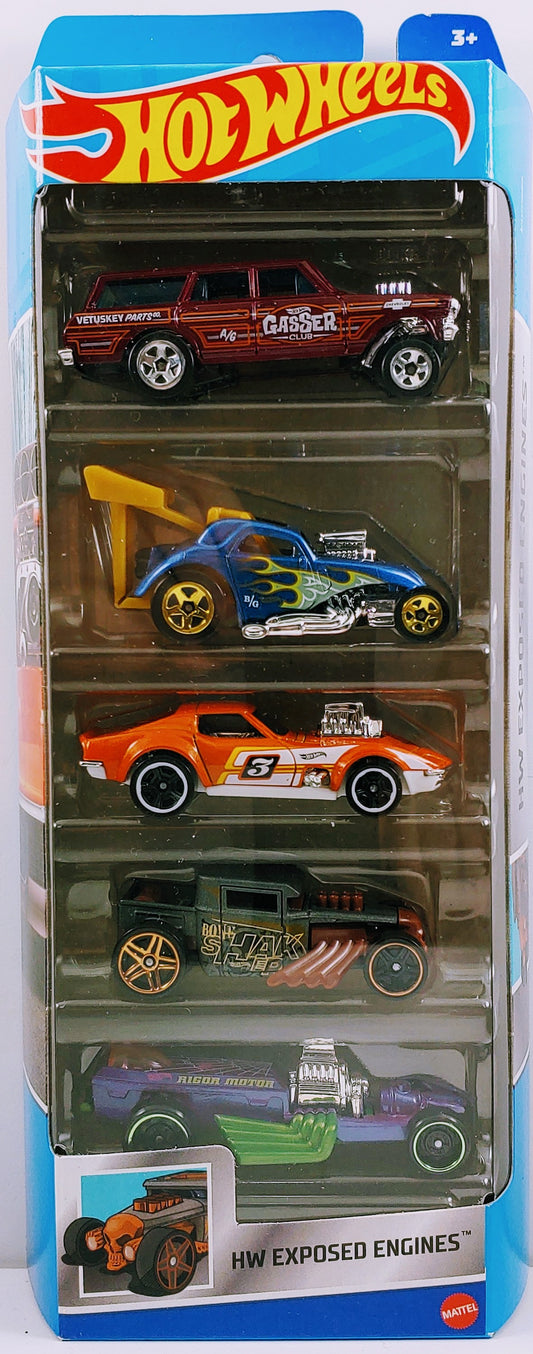 Hot Wheels 2022 - Gift Pack / 5 Pack - HW Exposed Engines - '64 Nova Wagon Gasser, Fiat 500C, '68 Corvette 'Gas Monkey', Bone Shaker & Rigor Motor