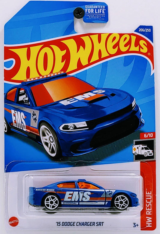 Hot Wheels 2022 - Collector # 206/250 - HW Rescue 6/10 - '15 Dodge Charger SRT - Matte Blue / EMS - USA Card