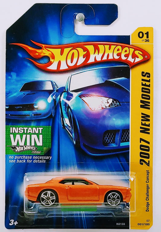Hot Wheels 2007 - Collector # 001/180 - New Models 01/36 - Dodge Challenger Concept - Orange - USA 'Instant Win' Card