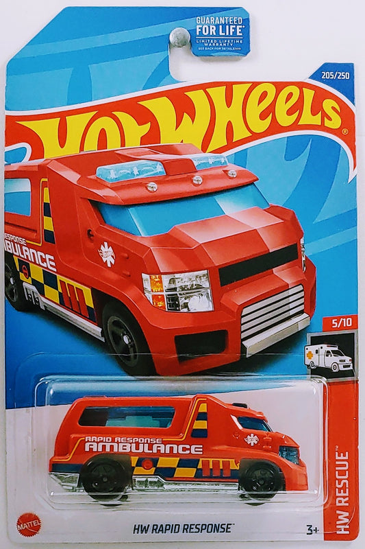 Hot Wheels 2022 - Collector # 205/250 - HW Rescue 5/10 - HW Rapid Response - Red / Ambulance - USA Card