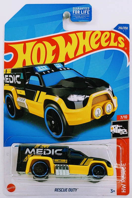 Hot Wheels 2022 - Collector # 216/250 - HW Rescue 7/10 - Rescue Duty - Black & Yellow / MEDIC - USA Card