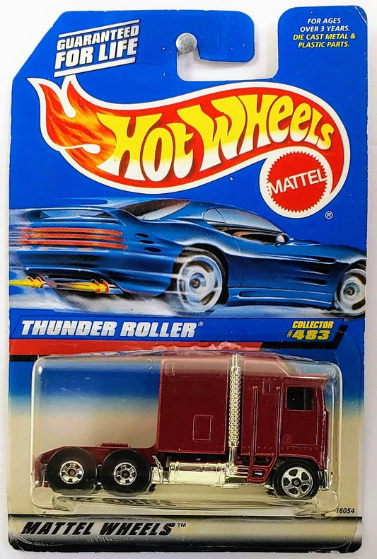 Hot Wheels 1998 - Collector # 483 - Thunder Roller (Semi) - Metalflake Maroon - BWs Rear & 5 Spokes Front - China - USA Blue Car Card