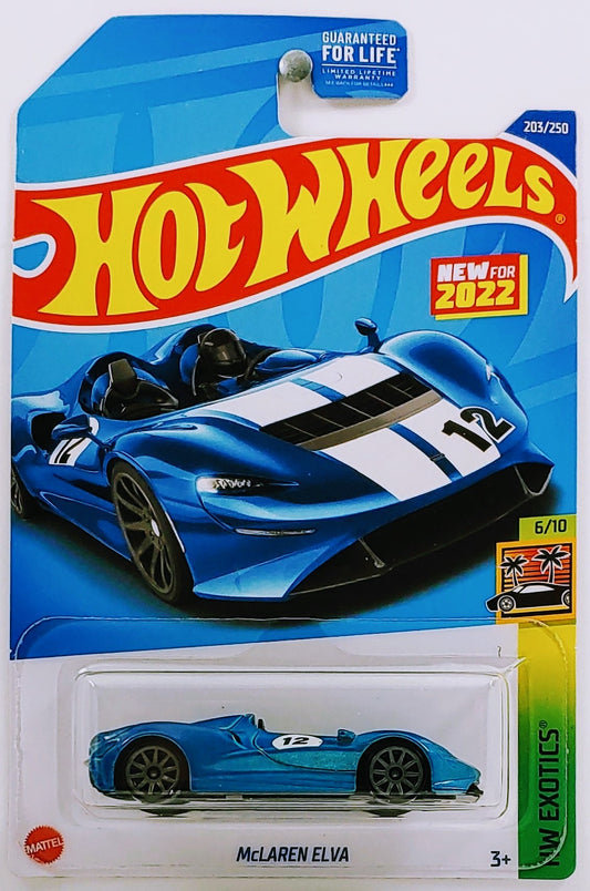 Hot Wheels 2022 - Collector # 203/250 - HW Exotics 6/10 - New Models - McLaren Elva - Blue / #12 - USA Card