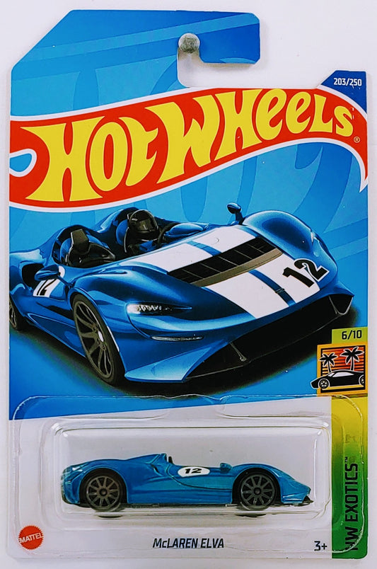 Hot Wheels 2022 - Collector # 203/250 - HW Exotics 6/10 - New Models - McLaren Elva - Blue / #12 - International Card