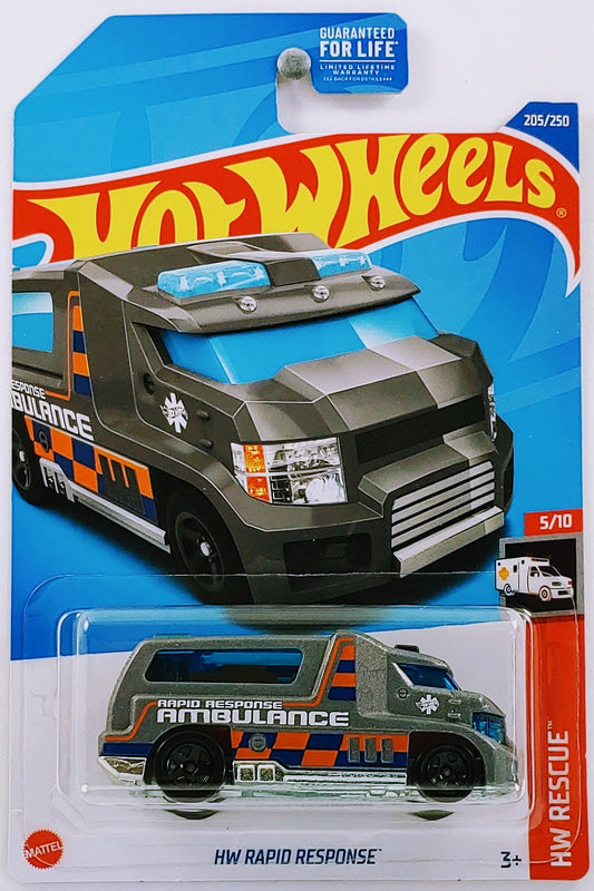 Hot Wheels 2022 - Collector # 205/250 - HW Rescue 5/10 - HW Rapid Response - Metalflake Gunmetal Gray / Ambulance - USA Card