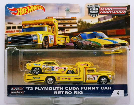 Hot Wheels 2018 - Premium / Car Culture / Mix 2 / Team Transport # 4 - '72 Plymouth Cuda Funny Car & Retro Rig - Yellow / Don 'The Snake' Prudhomme Graphics - Metal/Metal & Real Riders - Large Blister Card