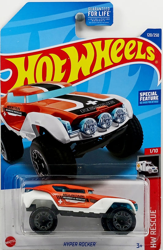 Hot Wheels 2022 - Collector # 120/250 - HW Rescue 1/10 - Hyper Rocker - Orange & White / 'Mountain Search & Rescue' - USA Card