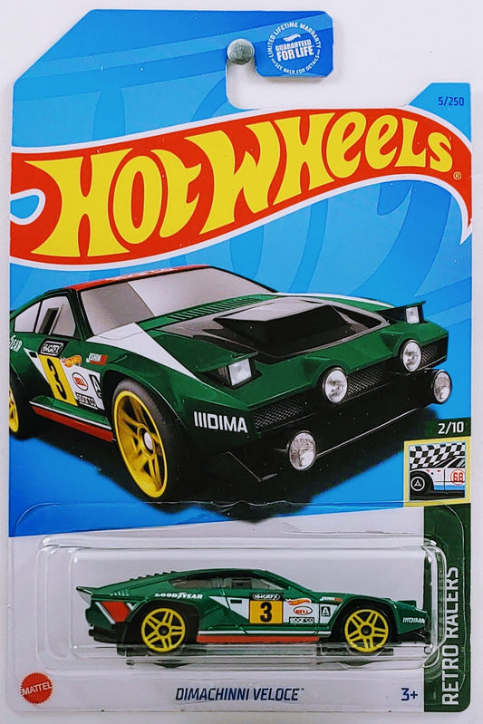Hot Wheels 2023 - Collector # 005/250 - Retro Racers 2/10 - Dimachinni Veloce - Green / # 3 - USA