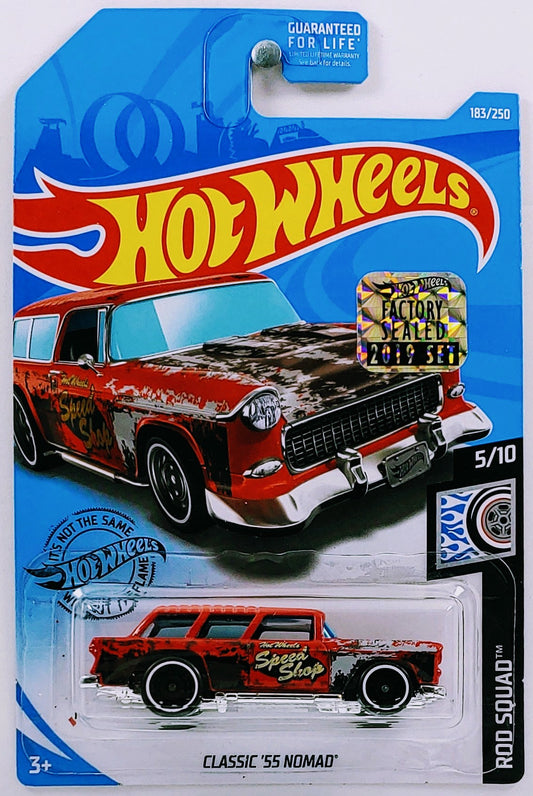 Hot Wheels 2019 - Collector # 183/250 - Rod Squad 5/10 - Classic '55 Nomad - Red / 'Hot Wheels Speed Shop' - USA Card with Factory Set Sticker