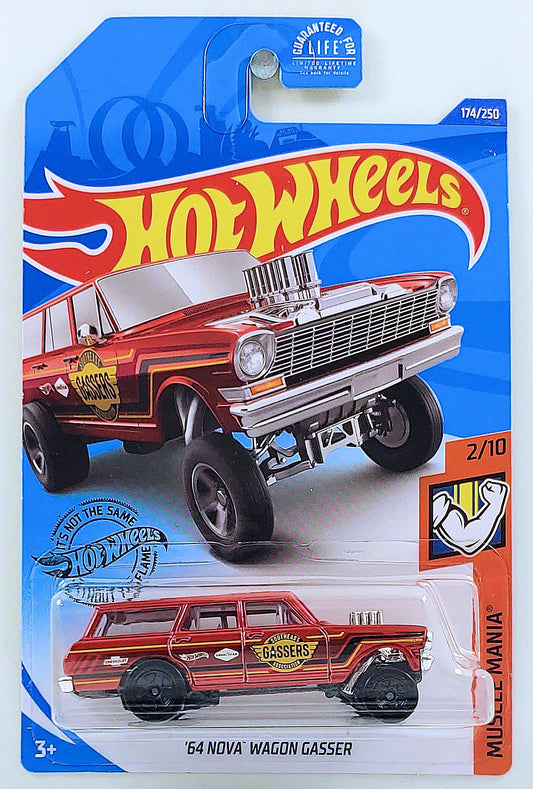 Hot Wheels 2020 - Collector # 174/250 - Muscle Mania 2/10 - '64 Nova Wagon Gasser - Metallic Red / Southeast Gassers Association - USA Card