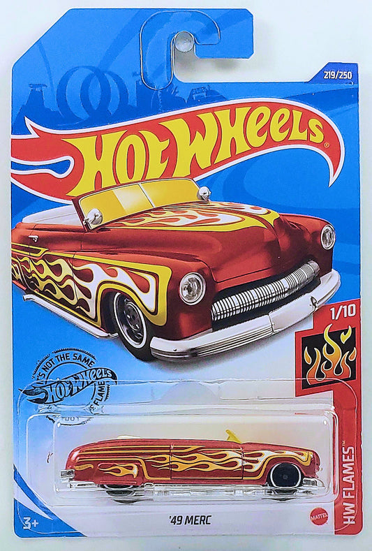 Hot Wheels 2020 - Collector # 219/250 - HW Flames 1/10 - '49 Merc (Convertible) - Metallic Red Orange - International Long Card