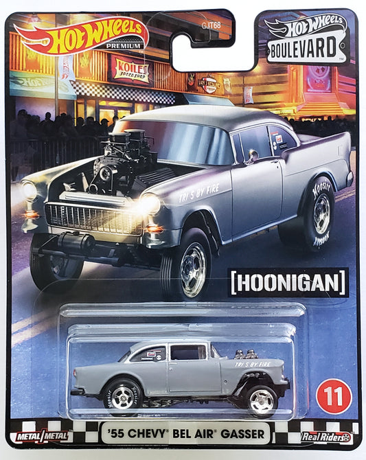 Hot Wheels 2020 - Premium / Car Culture / Boulevard # 11 - '55 Chevy Bel Air Gasser - Primer Gray - Dark Chrome Engine and Interior - Metal/Metal & Real Riders