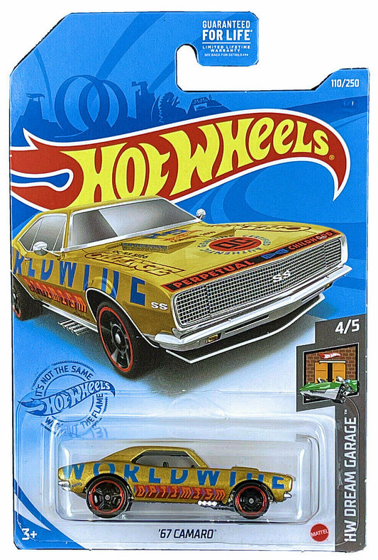 Hot Wheels 2021 - Collector # 110/250 - HW Dream Garage 4/5 - '67 Camaro - Gold / Worldwide Optimism - International Card
