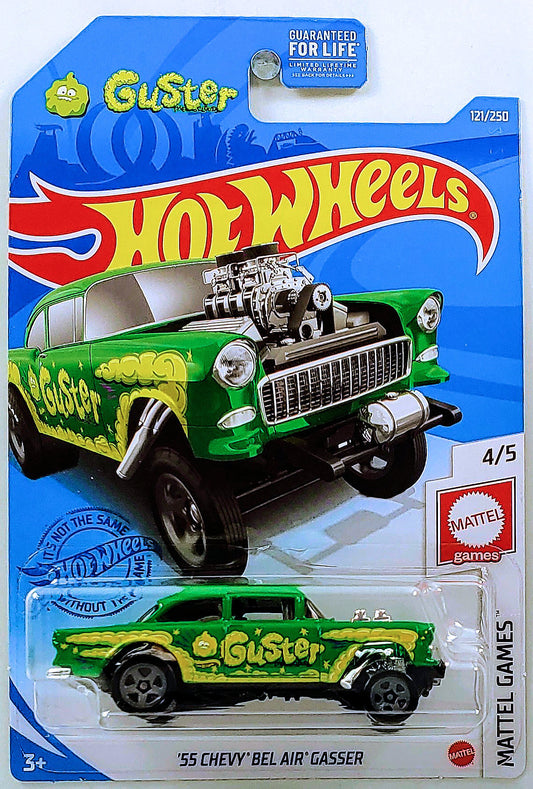 Hot Wheels 2021 - Collector # 121/250 - Mattel Games 4/5 - '55 Chevy Bel Air Gasser - Green / Guster - USA Card