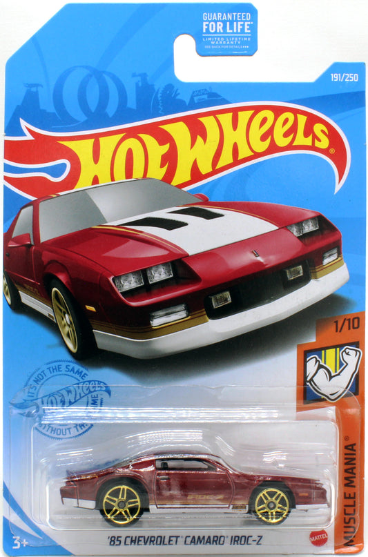 Hot Wheels 2021 - Collector # 191/250 - Muscle Mania 1/10 - '85 Chevrolet Camaro IROC-Z - Maroon / White Accent Stripes - Gold PR5 Wheels - USA Card