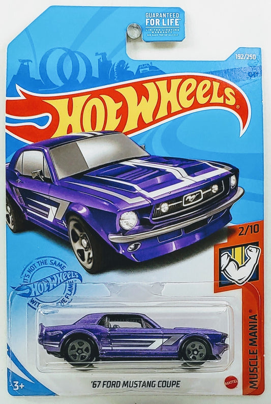 Hot Wheels 2021 - Collector # 192/250 - Muscle Mania 2/10 - '67 Ford Mustang Coupe - Purple Metalflake - Gray 5 Spoke Wheels - USA Card