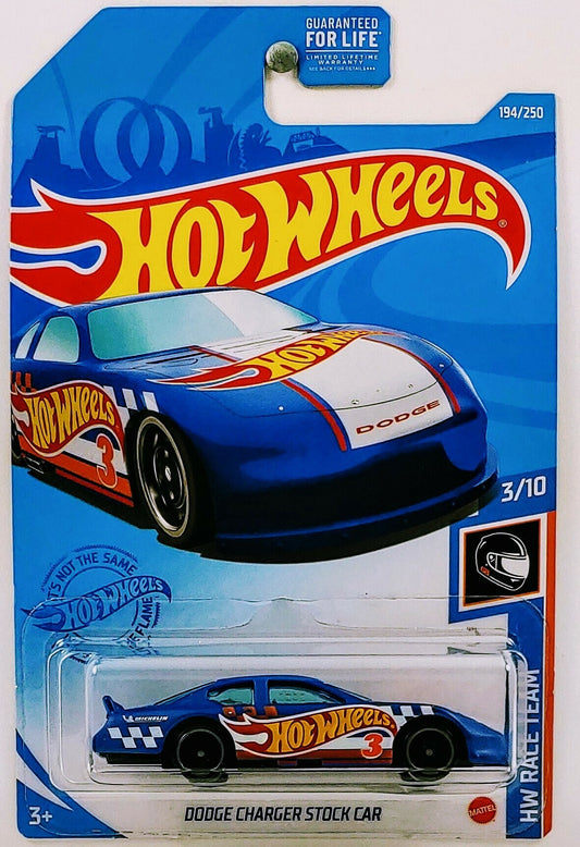Hot Wheels 2021 - Collector # 194/250 - HW Race Team 3/10 - Dodge Charger Stock Car - Matte Blue / #3 - USA Card