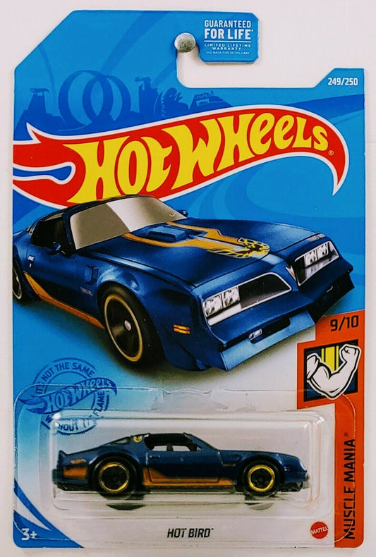Hot Wheels 2021 - Collector # 249/250 - Muscle Mania 9/10 - Hot Bird - Dark Blue - Gold & Black 5 Spokes - USA Card