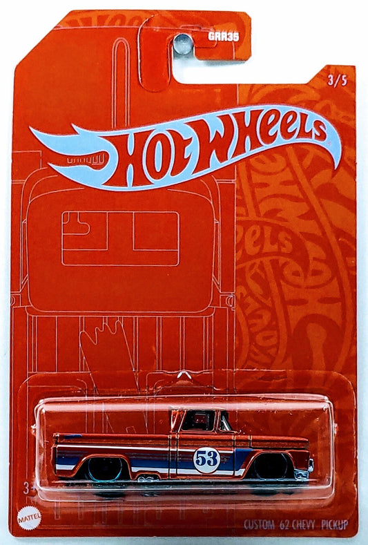 Hot Wheels 2021 - Theme / 53rd Anniversary / Wave 1 / Orange & Blue Series # 3/5 - Custom '62 Chevy Pickup - Metalflake Orange - Blue Ring DD8 Wheels - Orange Blister Card - Drug Stores Exclusive