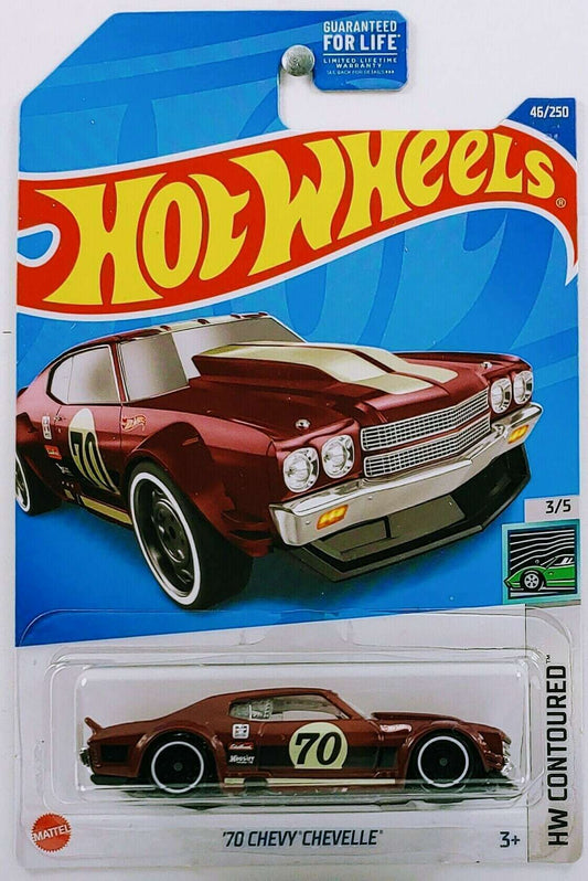 Hot Wheels 2022 - Collector # 046/250 - HW Contoured 3/5 - '70 Chevy Chevelle - Maroon - USA Card