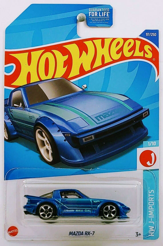 Hot Wheels 2022 - Collector # 097/250 - HW J-Imports 1/10 - Mazda RX-7 - Metalflake Blue - USA Card