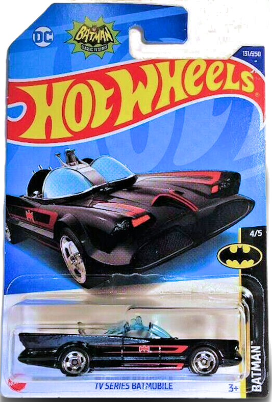 Hot Wheels 2022 - Collector # 131/250 - Batman 4/5 - TV Series Batmobile - Black / Red Accents - Retro Slot Wheels - International 'DC Batman' Card