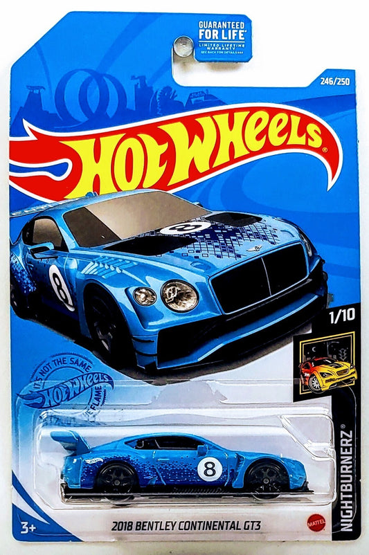 Hot Wheels 2020 - Collector # 246/250 - Nightburnerz 1/10 - New Models - 2018 Bentley Continental GT3 - Blue / #8 - Game Stop Exclusives - USA Card