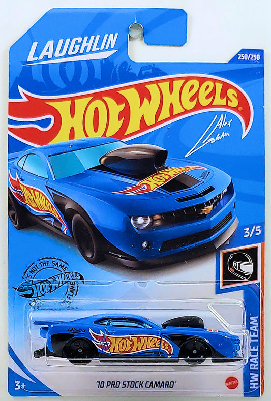 Hot Wheels 2020 - Collector # 250/250 - HW Race Team 3/5 - '10 Pro Stock Camaro - Blue / 'Alex Laughlin' - International 'Laughlin' Card