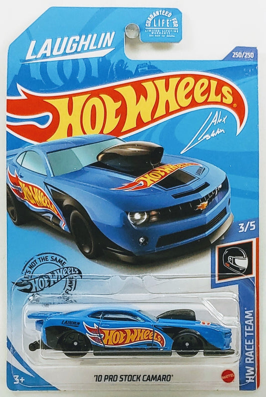 Hot Wheels 2020 - Collector # 250/250 - HW Race Team 3/5 - '10 Pro Stock Camaro - Blue / 'Alex Laughlin' - USA 'Laughlin' Card