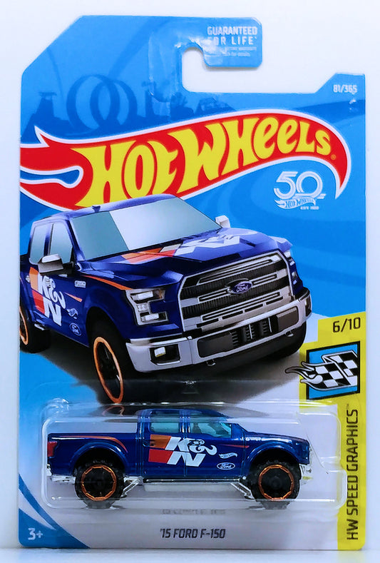 Hot Wheels 2018 - Collector # 081/365 - HW Speed Graphics 6/10 - '15 Ford F-150 - Metallic Blue / K&N Filter - USA 50th Card