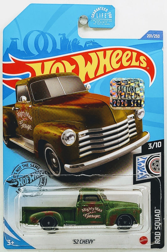 Hot Wheels 2020 - Collectors # 201/250 - Rod Squad 3/10 - '52 Chevy (Pickup) - Matte Green 'Mighty Max Garage' - USA Card with Factory Set Sticker