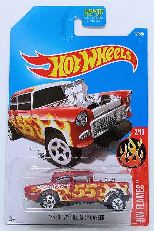 Hot Wheels 2017 - Collector # 012/365 - HW Flames 2/10 - '55 Chevy Bel Air Gasser - Satin Red - USA Card - MPN DTX80