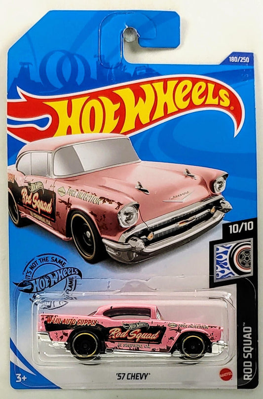 Hot Wheels 2020 - Collector # 180/250 - Rod Squad 10/10 - '57 Chevy - Pink / Rod Squad - International Long Card