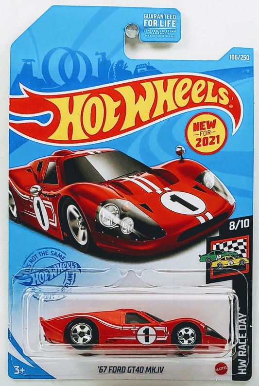 Hot Wheels 2021 - Collector # 106/250 - HW Race Day 8/10 - New Models - '67 Ford GT40 MK.IV - Red / #1 - USA Card