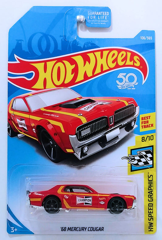 Hot Wheels 2018 - Collector # 106/365 - HW Speed Graphics 8/10 - '68 Mercury Cougar - Red / Champion Spark Plugs - USA 50th Card