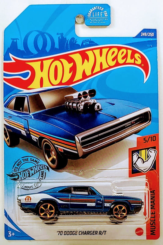 Hot Wheels 2020 - Collector # 249/250 - Muscle Mania 5/10 - '70 Dodge Charger R/T - Blue - USA Card