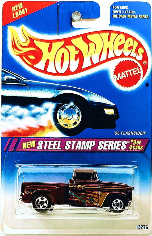 Hot Wheels 1995 - Collector # 289 - Steel Stamp Series 3/4 - '56 Flashsider - Metalflake Maroon - 5 Spokes - USA Blue & White Card
