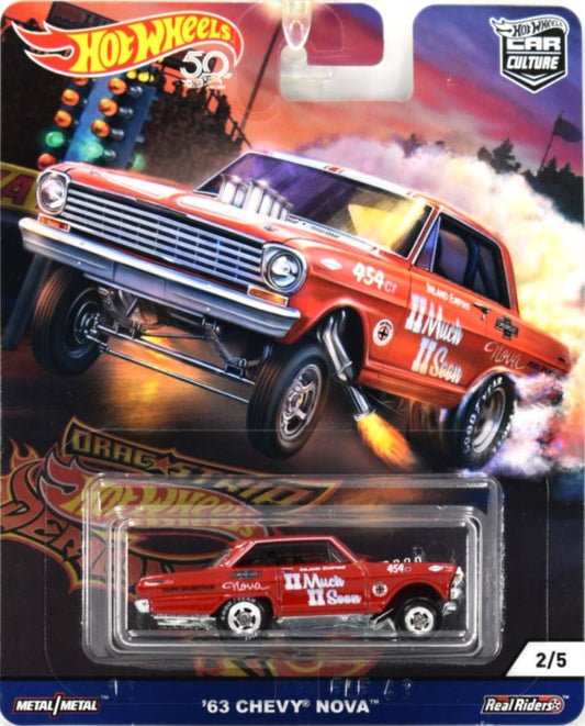 Hot Wheels 2018 - Premium / Car Culture / Drag Strip Demons 2/5 - '63 Chevy Nova - Red / II Much II Soon - Metal/Metal & Real Riders